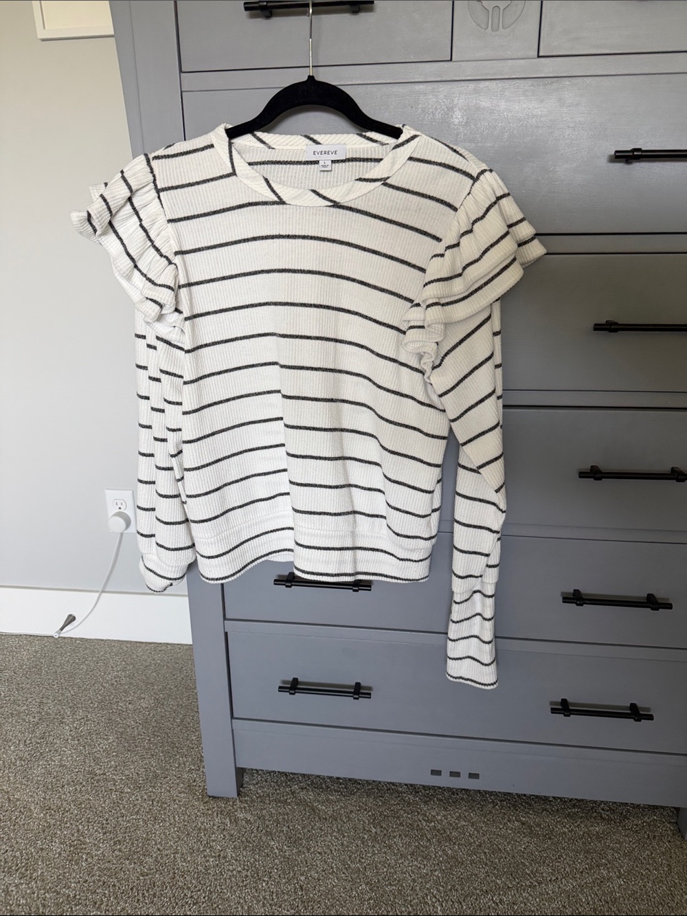 Evereve Cream and Black Striped Ruffle Sleeve Top